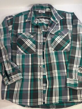 Vintage Men's Green and Black Plaid Button-Down Flannel Shirt Shacket XL
